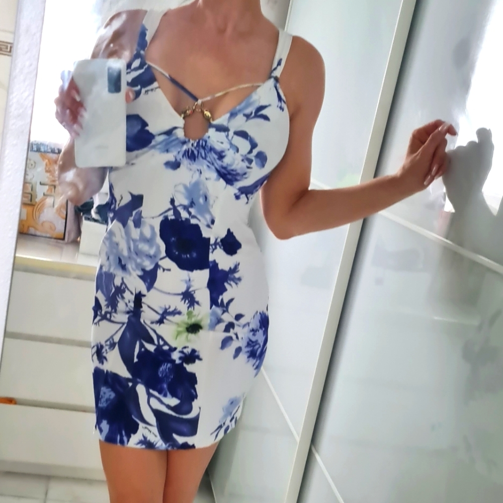 Roberto Cavalli Dress Mini Blue White Floral Gold Snake Buckle Nwt Small